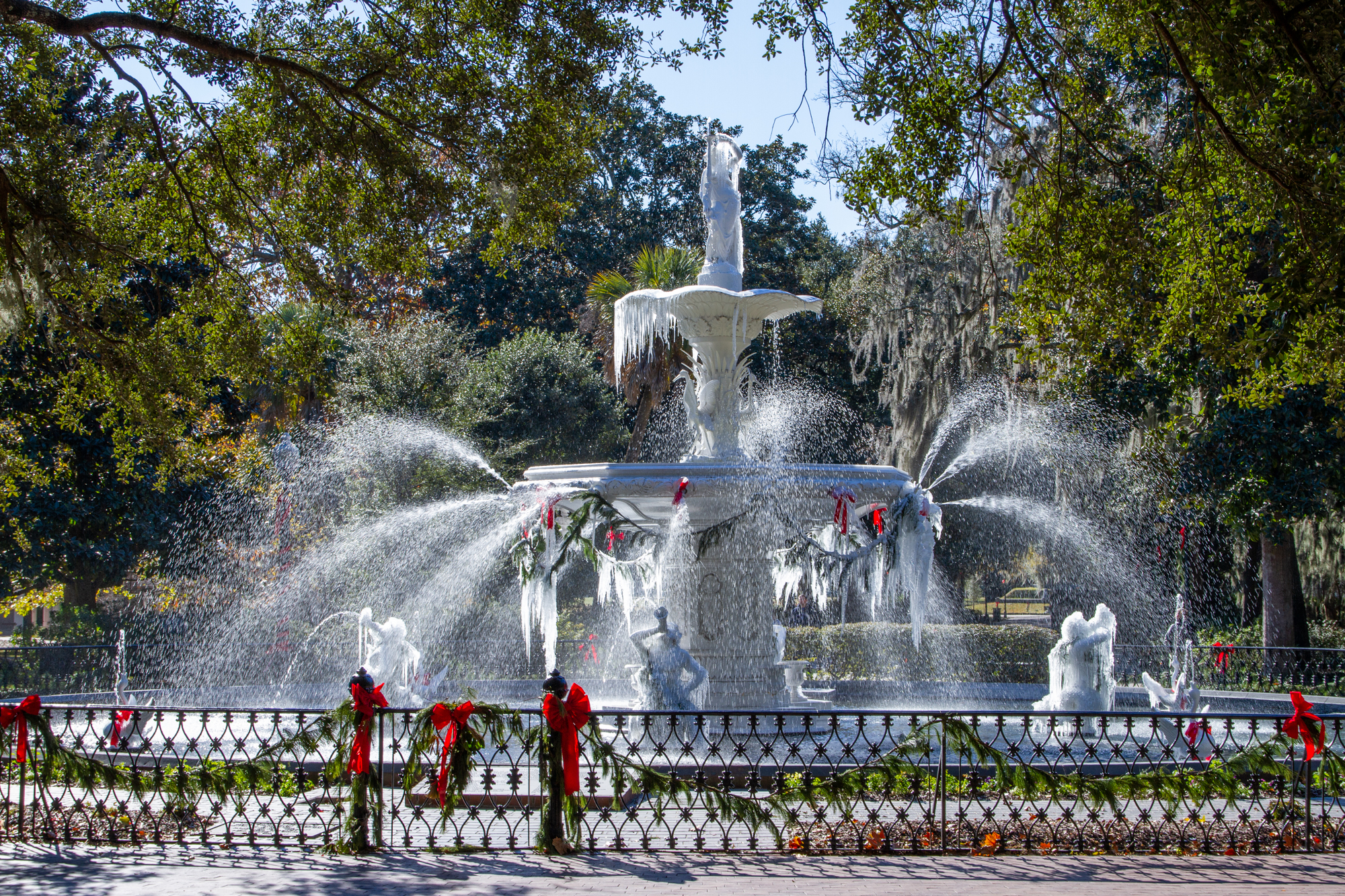 Frozen Forsyth Park Fountain in Savannah in a winter dream.