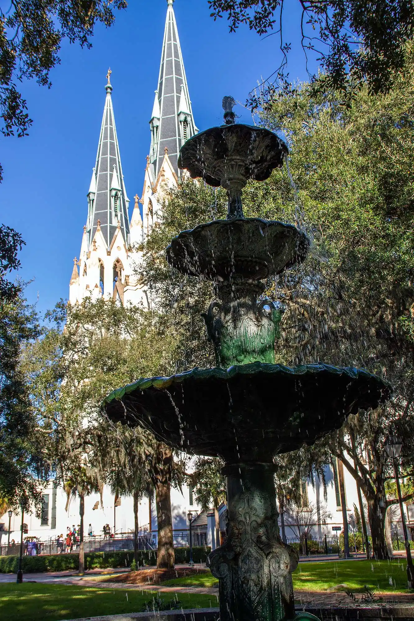 Lafayette Square 2 Lafayette Fountain with cathedral in Savannah