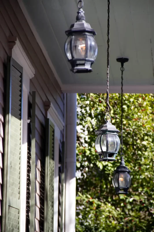 Lantern porch lights in a row in Savannah