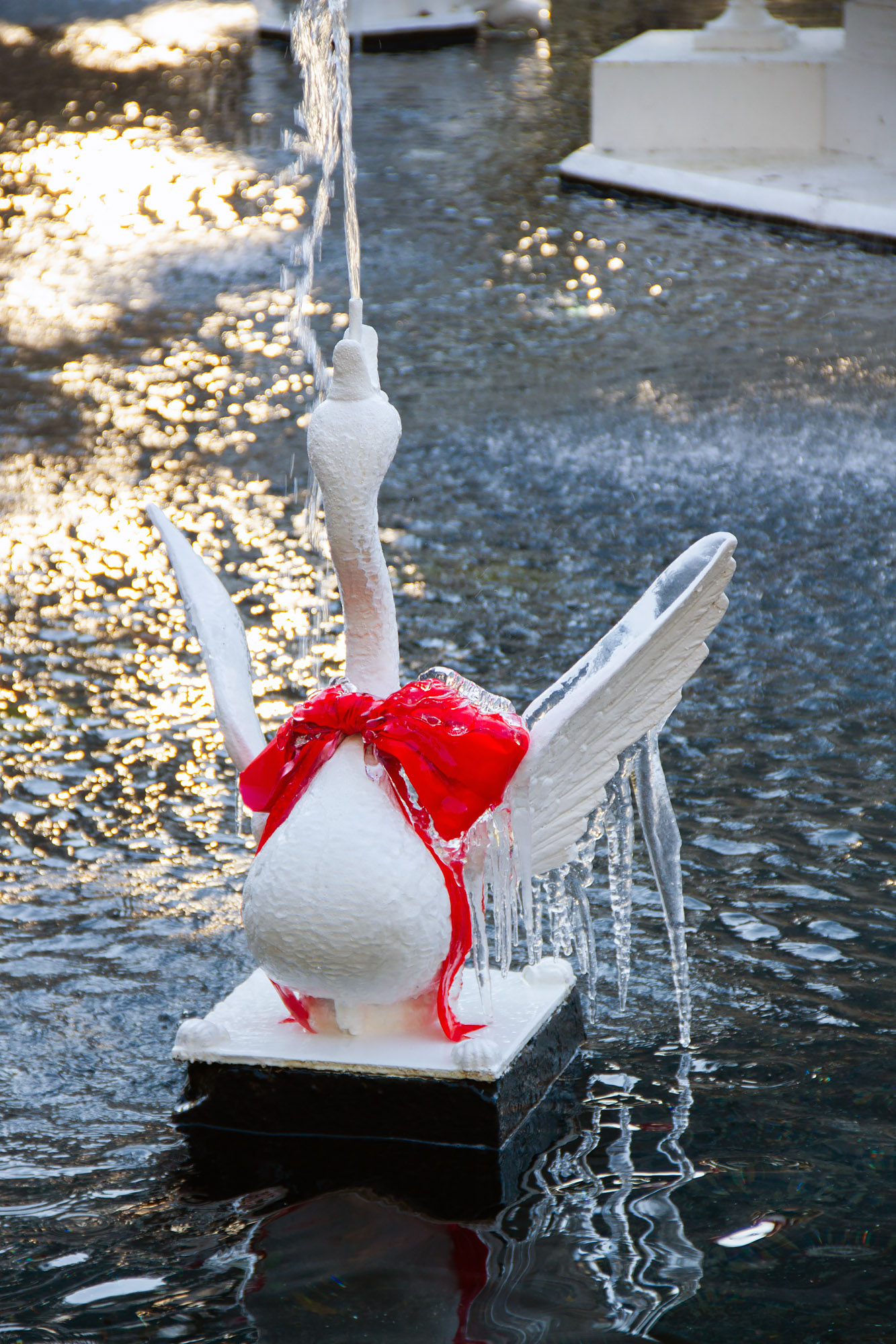 Swan Fountain Red Bow