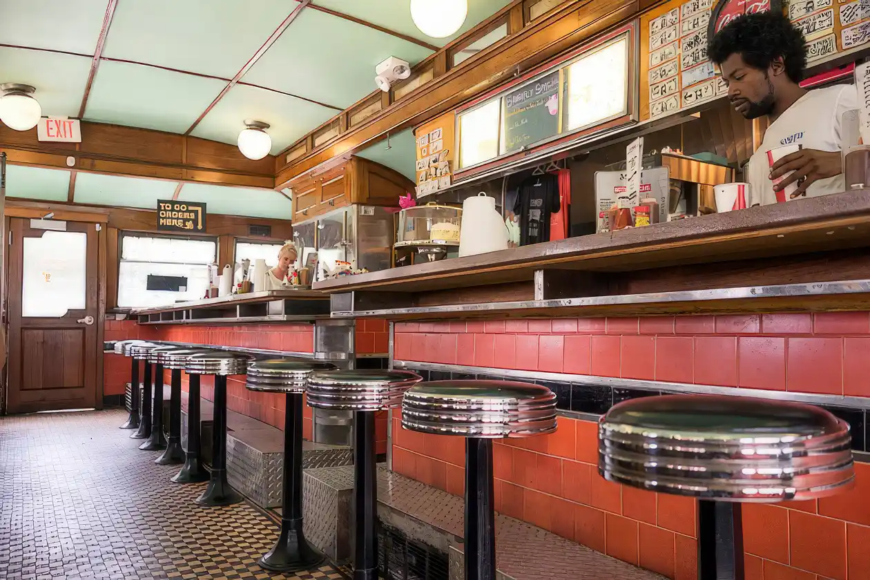 Diner chairs and red tiled bar with a man serving