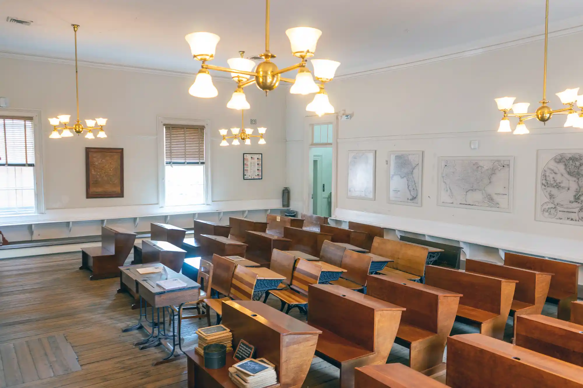Massie Heritage Center old style classroom with chandeliers in Savannah